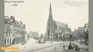 Old photo of the market square at Bury, then in Lancashore but now in Greater Manchester, taken around 1897