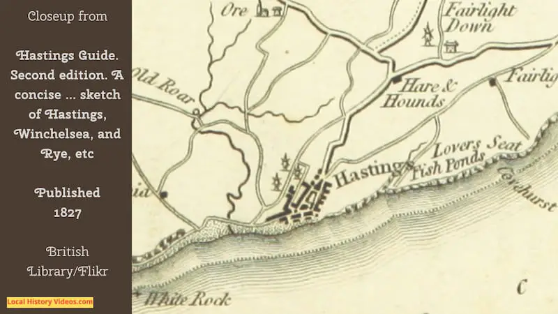 Closeup of Hastings on old map of Hastings and Winchelsea East Sussex England published 1827