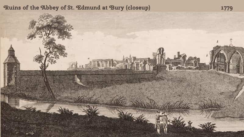 old picture of the Ruins of the Abbey of St Edmund at Bury 1779