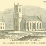 Old picture of Bollington Church and School House Cheshire England published 1840