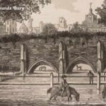 Old picture of horses in the river at the St Edmunds Bury bridge
