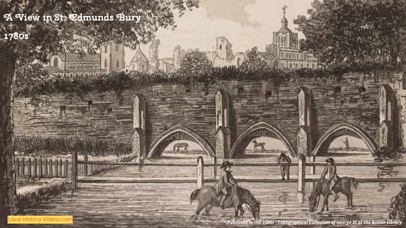 Old picture of horses in the river at the St Edmunds Bury bridge