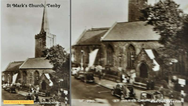 Old postcard of St Mark's Church in Tenby, Pembrokeshire, showing old fashioned cars parked outside