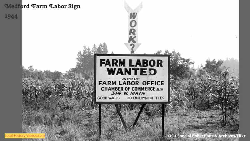 old photo of a Medford farm labor sign 1944