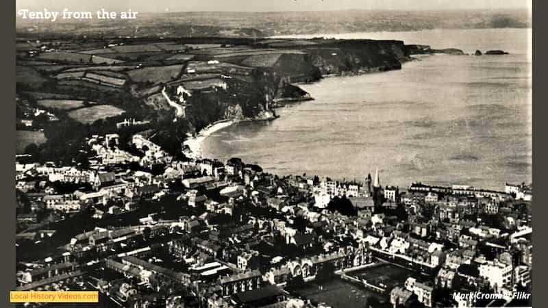 Old black and white aerial view of Tenby Wales