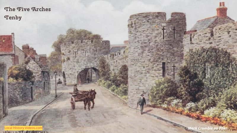 vintage postcard painting of the Five Arches at Tenby