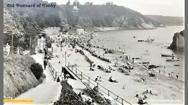 old postcard of people at the beach in Tenby