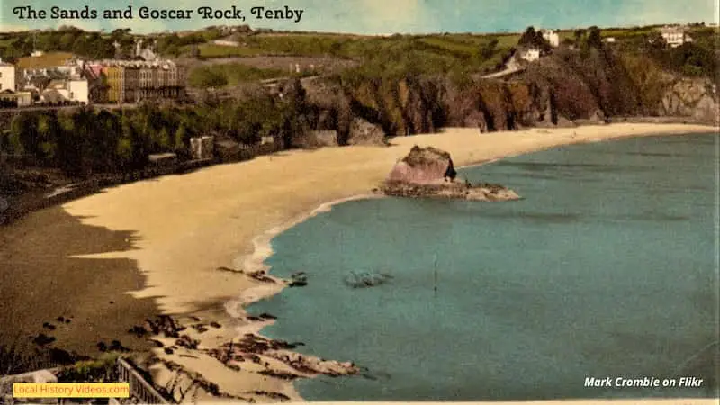 old photo of the sands and Goscar Rock Tenby