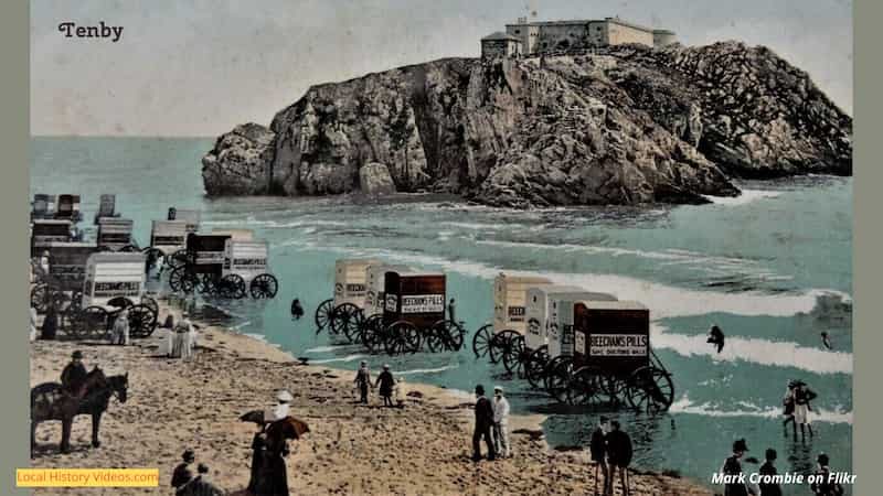 old picture of bathing carriages at Tenby