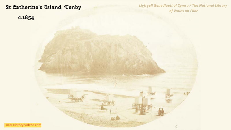 old photo of St Catherine's Fort and bathers at Tenby in 1854