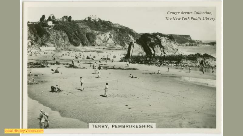 old cigarette card with a photo of Tenby beach