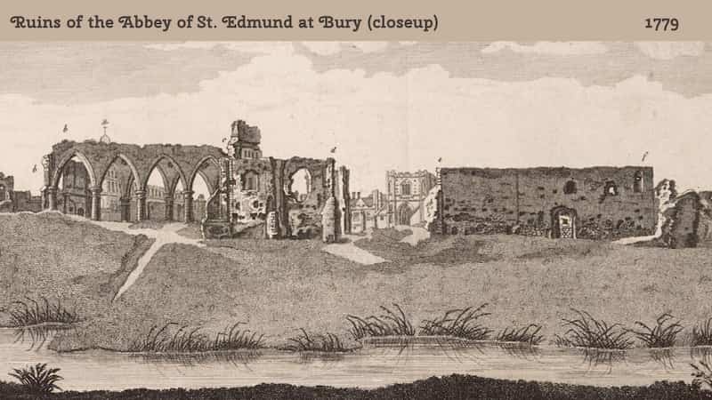 Old picture of the Ruins of the Abbey of St Edmund at Bury 1779