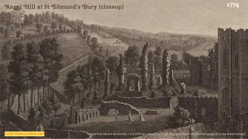 Closeup of an old picture of Angel Hill at St Edmund's Bury