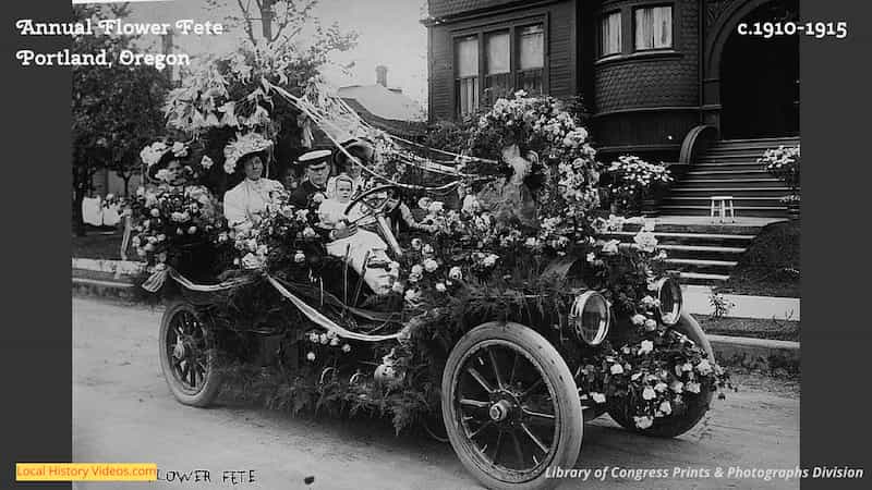 Old photo of a car taking part in the 1910 Annual Flower Fete in Portland Oregon