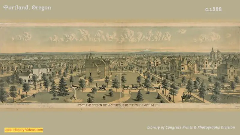 Picture of a bird's-eye view of Portland Oregon, from around 1888