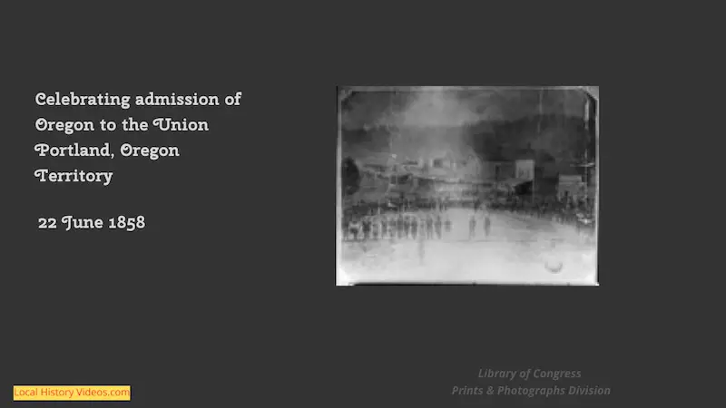 Old photo of event in Portland celebrating admission of Oregon to the Union 1858