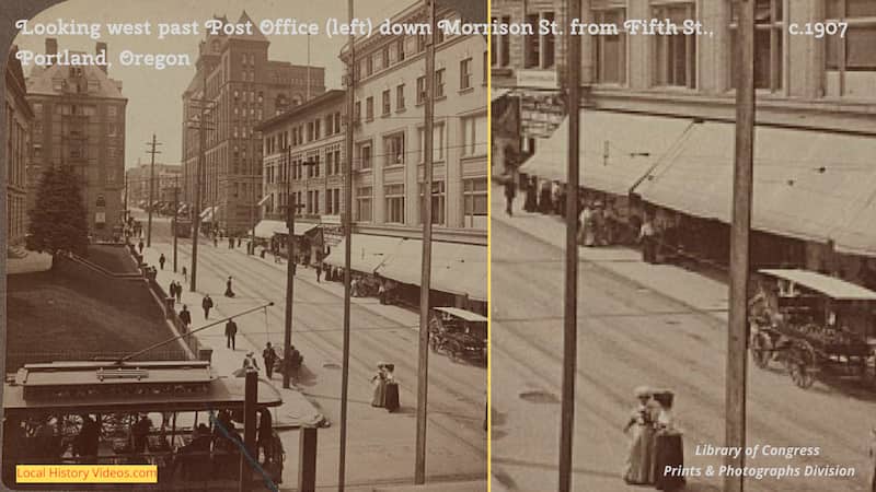 Old photo of Morrison Street, west from Fifth Street, Portland Oregon, c.1907