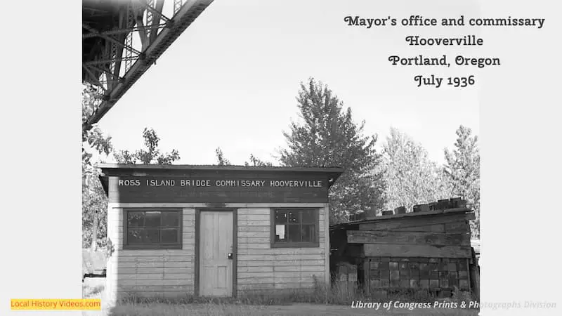 Old photo of the Mayor's office and commissary at Hooverville in Portland Oregon 1936