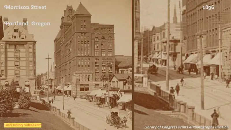 old photo of Morrison Street in Portland, taken about 1896