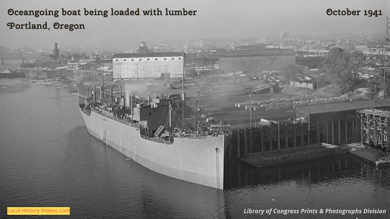 Old photo of an oceangoing boat at Portland Oregon being loaded with lumber oct 1941