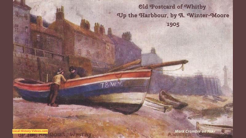 Old picture of a boat and housing at Whitby Yorkshire England