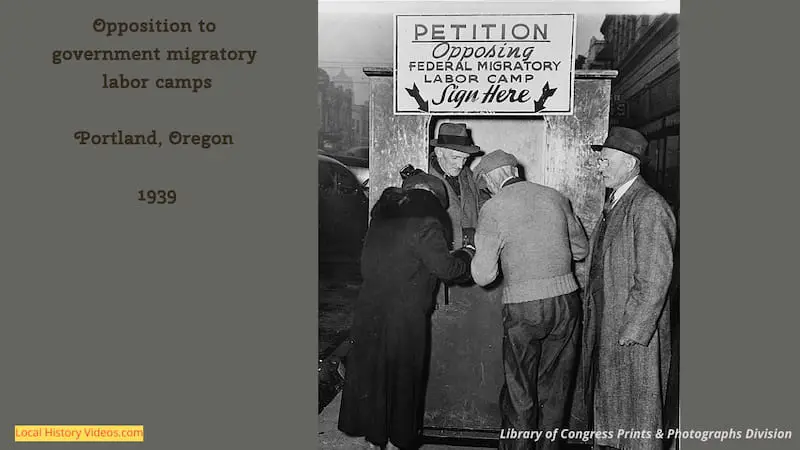 Old photo showing people signing a petition against Federal Migratory Labor Camps, 1939, Portland Oregon