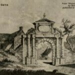 Old book illustration of Scampton Hall Gate in Lincolnshire