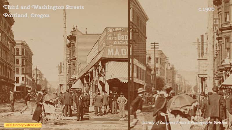 Old photo of Third and Washington Streets Portland Oregon c.1900