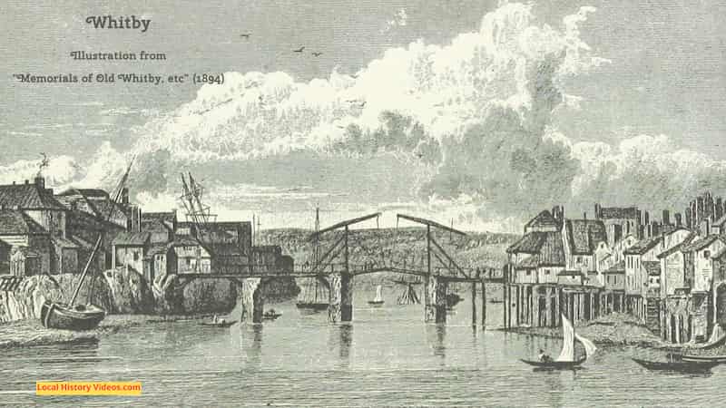 Old book illustration of Whitby streets and bridge 1894