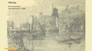 Old book illustration of Whitby Abbey and fishing boats