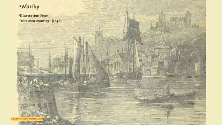 Old book illustration of Whitby Abbey and fishing boats