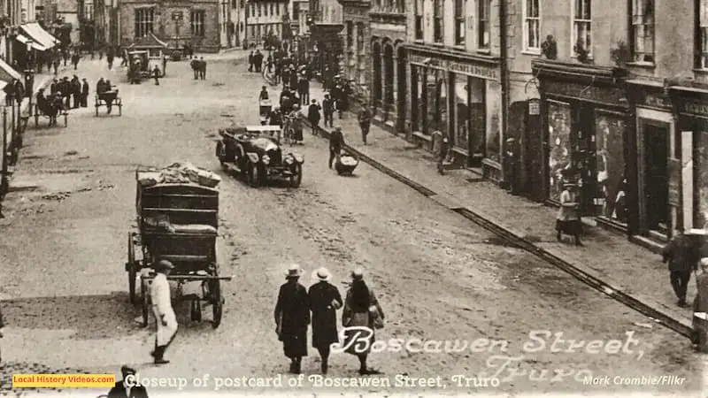 closeup of Old postcard of Boscawen Street Truro Cornwall England