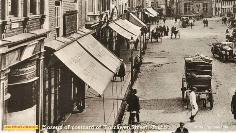 closeup of Old postcard of Boscawen Street Truro Cornwall England