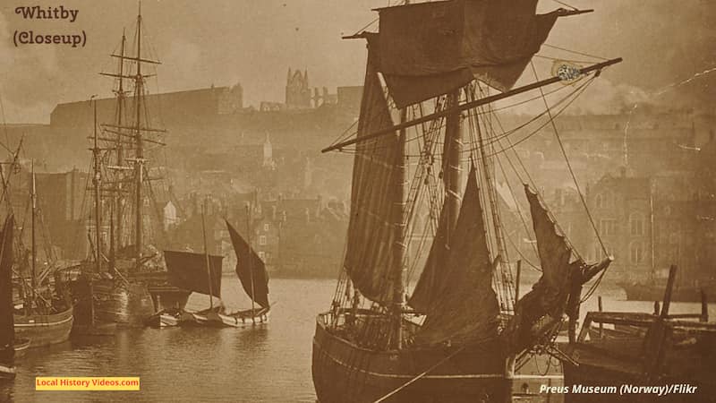 Closeup of old photo of Whitby Harbour with old fishing ships