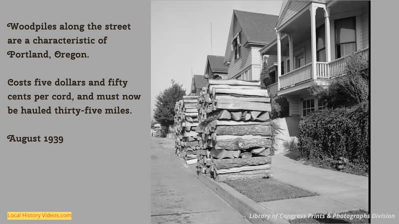 Old photo of woodpiles on the street outside houses in portland oregon 1939