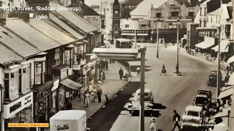 Closeup of an old photo postcard of Redcar High Street in 1966
