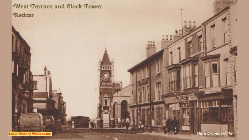 Old photo postcard of West Terrace and Clock Tower in Redcar, England