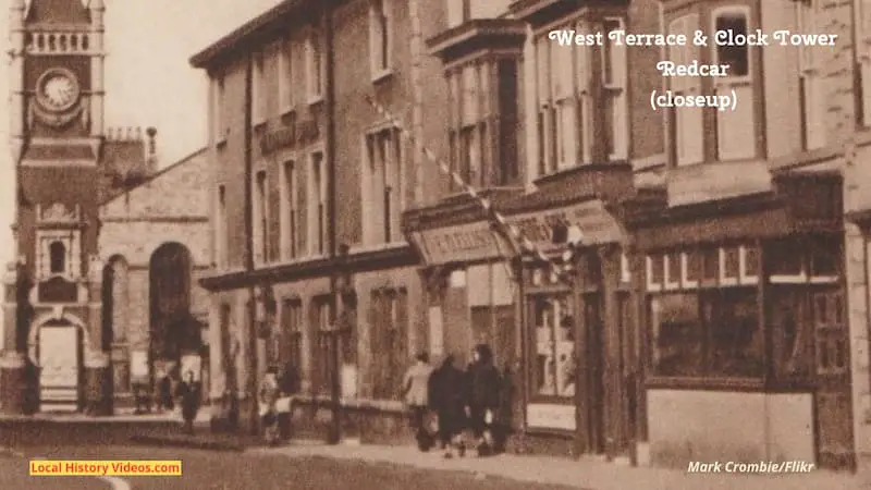 Closeup of an old photo postcard of West Terrace and the clock tower at Redcar, England