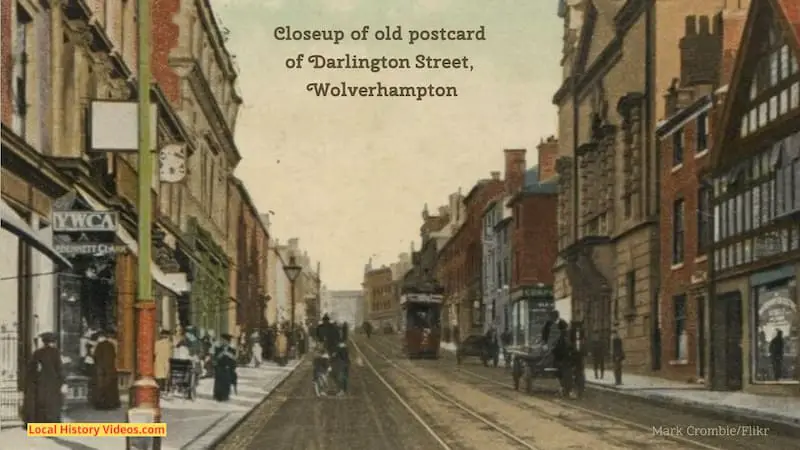 closeup of Old postcard of Darlington Street Wolverhampton