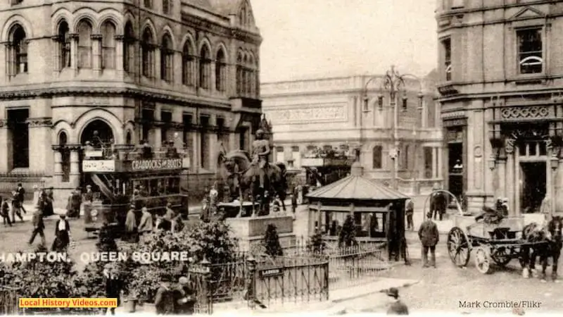 closeup of Old postcard of Queen Square Wolverhampton