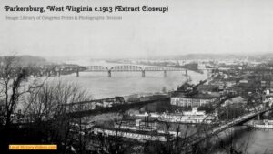 Closeup of an extract of an old photo panorama of Parkersburg, West Virginia, taken around 1913 during heavy flooding