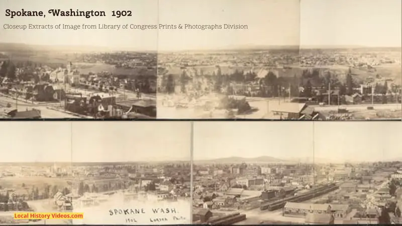 Closeup extract of an old photograph from about 1902 showing a panorama of Spokane in Washington