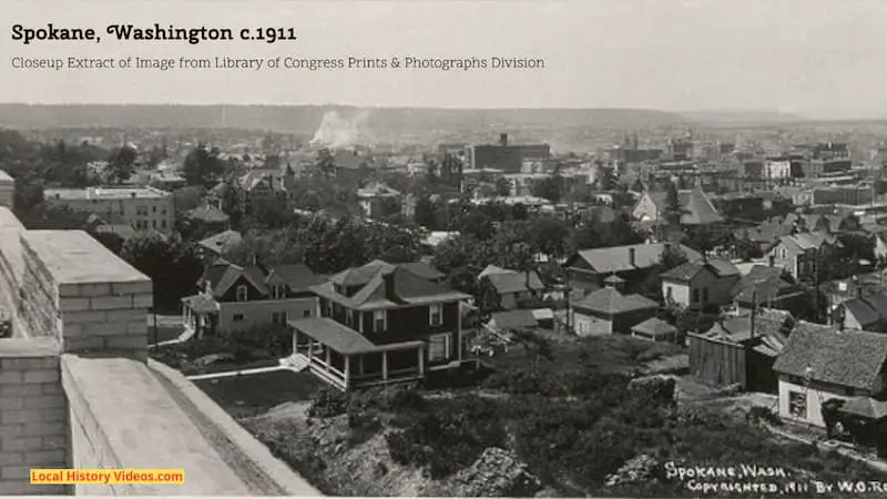 Closeup extract of an old photograph from about 1911 showing a panorama of Spokane in Washington