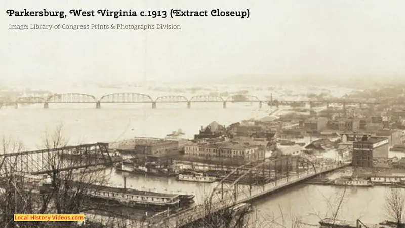 Closeup of an extract of an old photo panorama of Parkersburg, West Virginia, taken around 1913 during heavy flooding