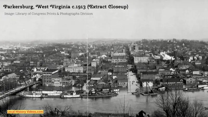 Closeup of an extract of an old photo panorama of Parkersburg, West Virginia, taken around 1913 during heavy flooding