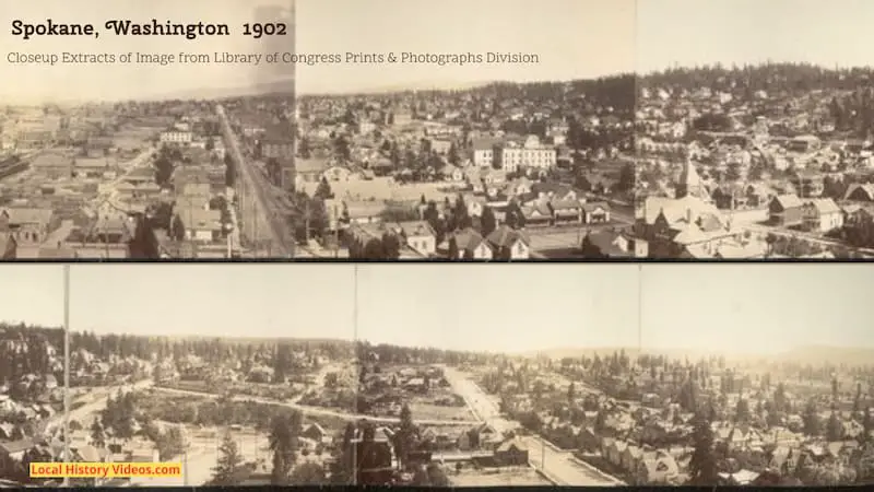 Closeup extract of an old photograph from about 1902 showing a panorama of Spokane in Washington