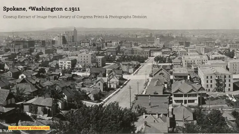Closeup extract of an old photograph from about 1911 showing a panorama of Spokane in Washington