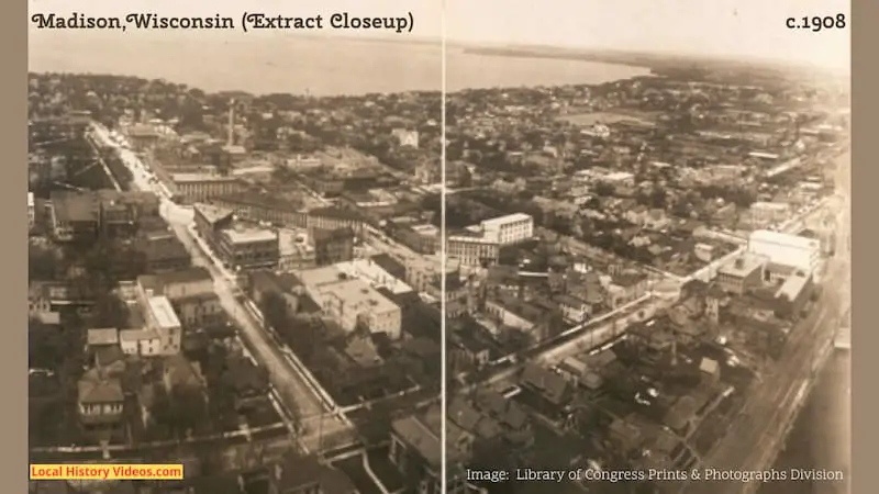 Closeup of an extract from an old photo of a bird's-eye view of Madison, Wisconsin, taken around 1908.