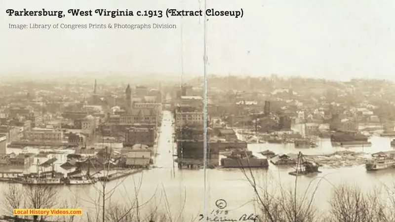 Closeup of an extract of an old photo panorama of Parkersburg, West Virginia, taken around 1913 during heavy flooding