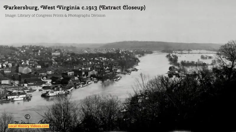 Closeup of an extract of an old photo panorama of Parkersburg, West Virginia, taken around 1913 during heavy flooding